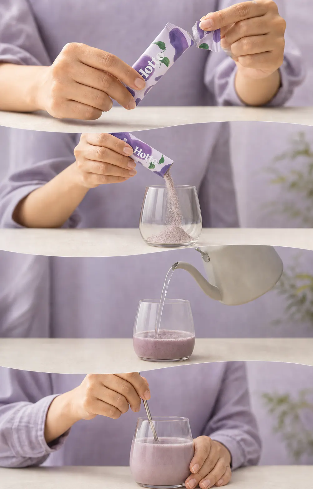Empat langkah menyiapkan minuman Hotto menggunakan sachet Hotto Purto asli: membuka sachet, menuang bubuk, menambahkan air hangat, dan mengaduk hingga siap diminum