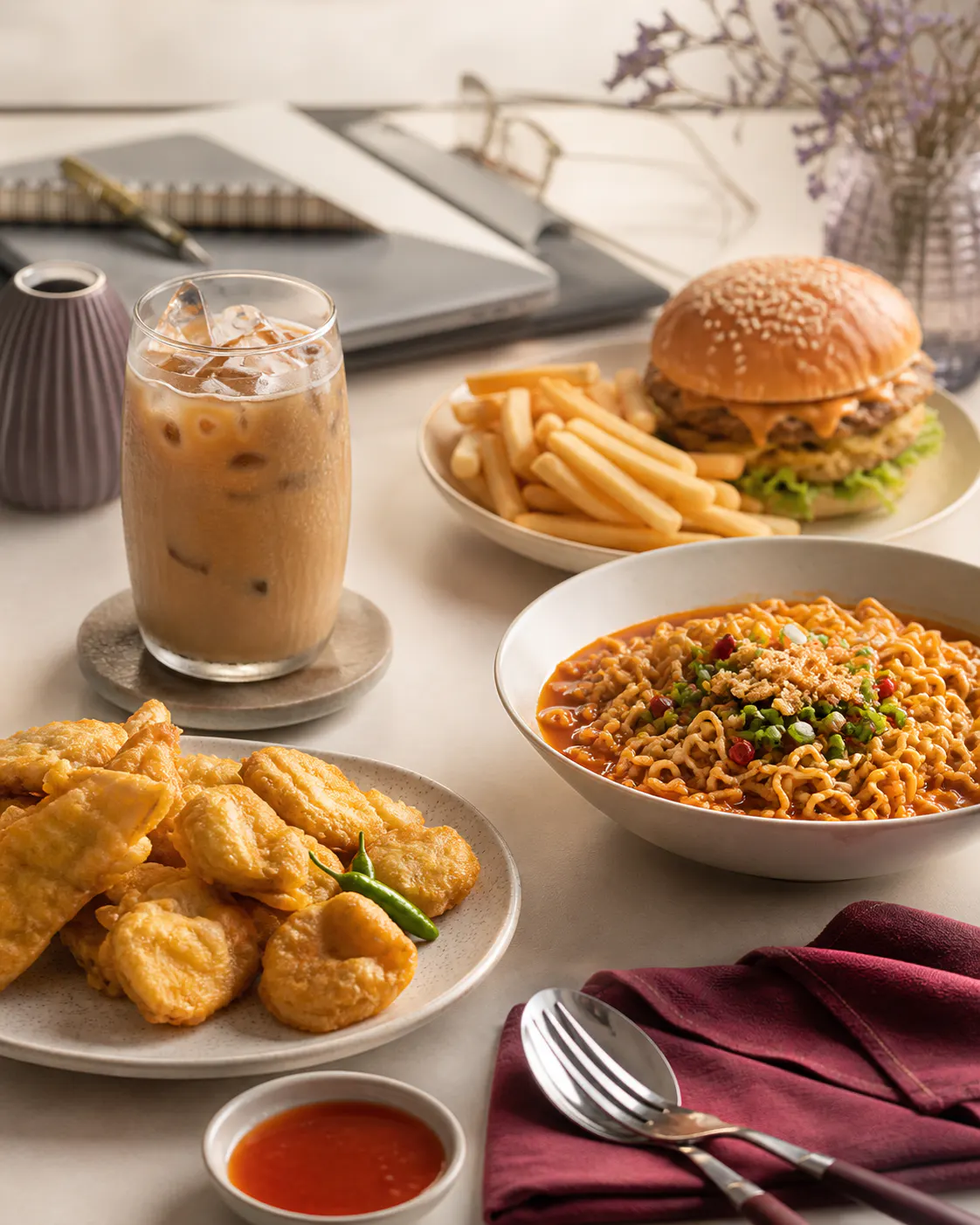 Kolase kopi manis, gorengan, mie pedas, dan makanan cepat saji saat sedang sibuk