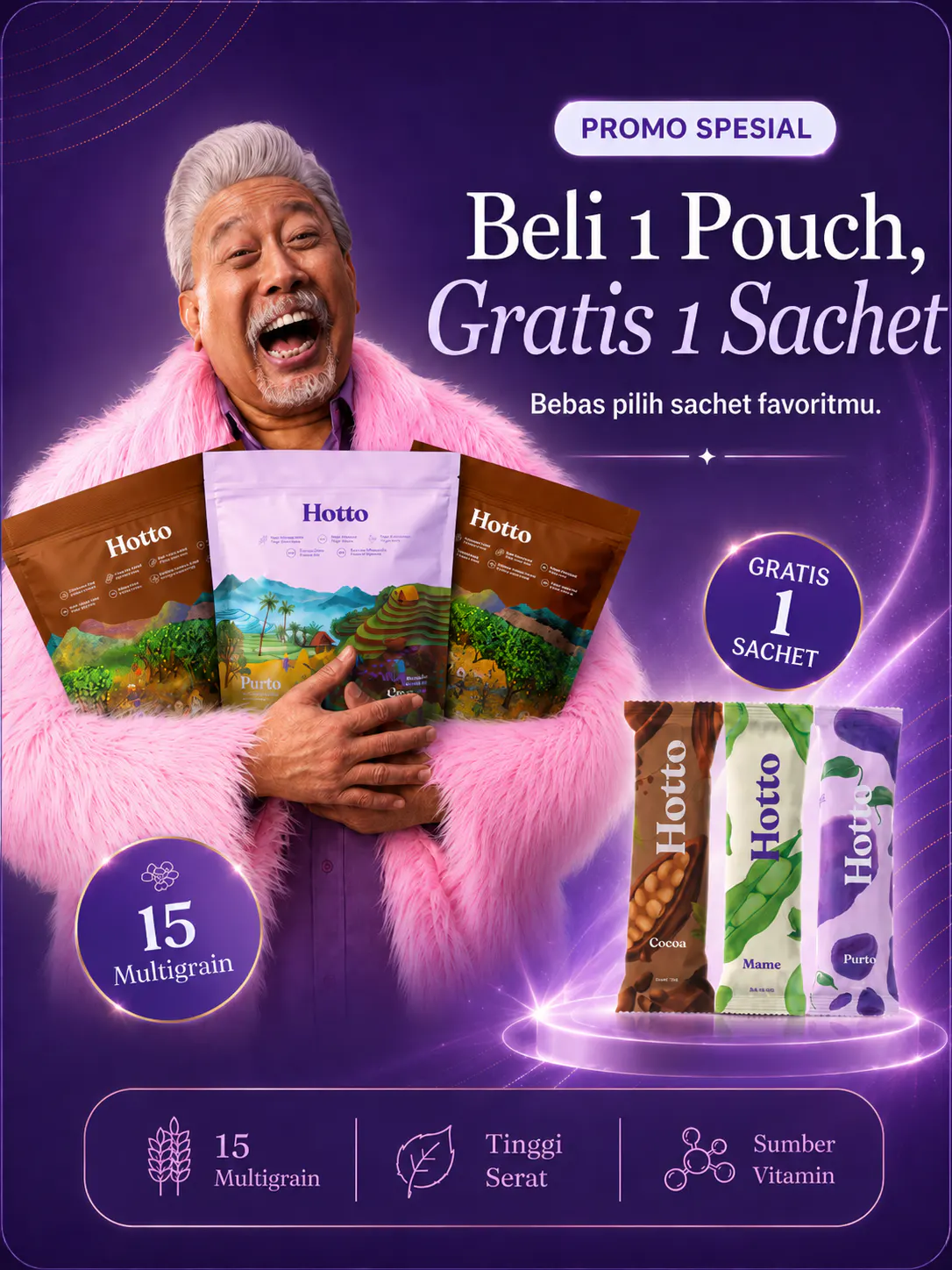 Promo spesial: beli 1 pouch Hotto gratis 1 sachet, bebas pilih sachet favoritmu